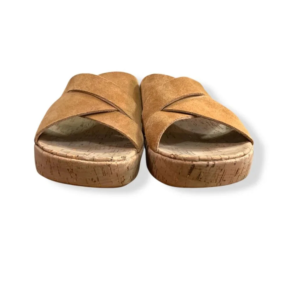 Women's Earth Cork Wedge Cross Strap Sandals Sz 8 Tan Suede Slip-On‎ Resort Pool